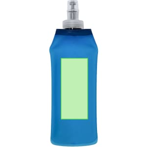 A drink bottle in vibrant blue with a transparent section and a nozzle cap. Features a logo on the body.