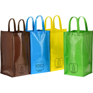 A set of four reusable grocery bags in brown, blue, yellow, and green, each with handles and an illustrative logo.