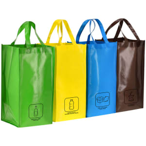 A set of four reusable grocery bags in green, yellow, blue, and brown, each featuring a logo.