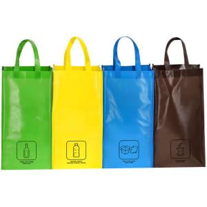Four reusable grocery bags in green, yellow, blue, and brown, featuring handles and logos on each bag.