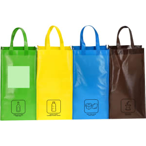 A set of four reusable grocery bags in green, yellow, blue, and brown, each with a logo on them.