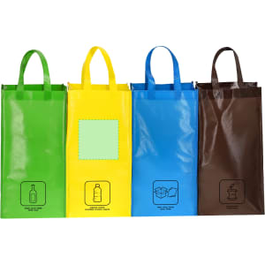 A set of four reusable grocery bags in green, yellow, blue, and brown, each with handles and a logo.