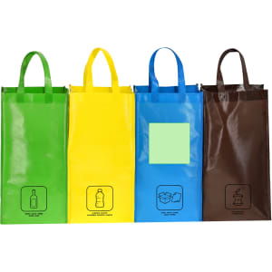 Four reusable grocery bags in green, yellow, blue, and brown, featuring handles and a logo on each bag.