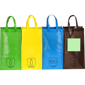 A set of four reusable grocery bags in green, yellow, blue, and brown, each with a handle and a logo.