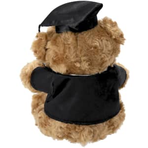 A plush teddy bear in brown fur, wearing a black graduation gown and cap, with a logo on the gown.