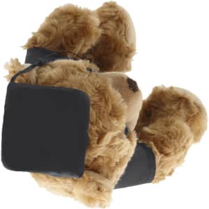 A soft, plush teddy bear in brown with black accents and a tag. Features textured fur and a friendly expression.