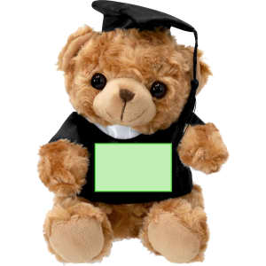 A plush teddy bear in brown, wearing a black graduation cap and gown, holding a blank certificate.