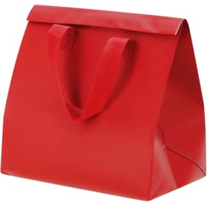 A red cooler bag with a fold-over top and two fabric handles, featuring a smooth exterior and a branding logo.