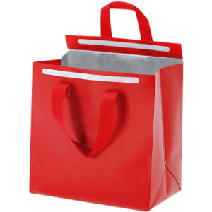 A red cooler bag with a silver insulated interior and two handles, featuring a sleek design and a logo.