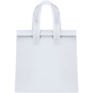A white cooler bag with two sturdy handles and a plain design, featuring a logo.