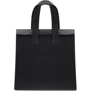 A black cooler bag with sturdy handles and a glossy finish. It features a logo but no visible text.