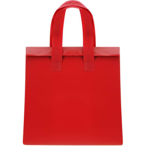 A red cooler bag with sturdy handles and a simple design. Features a logo on the front.