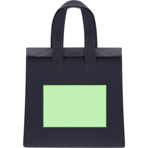 A dark navy cooler bag with two handles and a green panel on the front, featuring a logo.