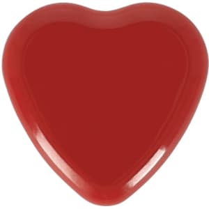 A red heart-shaped candy dispenser with a glossy finish. It features a logo on the surface.