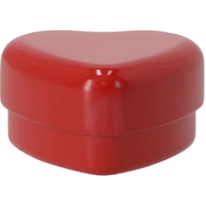 A heart-shaped red candy dispenser with a smooth, glossy finish. It features a lid and has a logo on its surface.