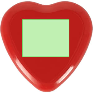 A red heart-shaped candy dispenser with a smooth surface and a green area. It features a logo.