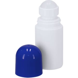 A white deodorant roll-on bottle with a blue cap, featuring a smooth applicator tip.