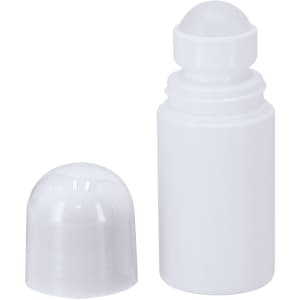 A white deodorant roll-on bottle with a removable cap. The bottle features a smooth, rounded applicator.
