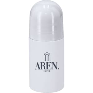 A white deodorant container with a clear cap, featuring a logo on the front.