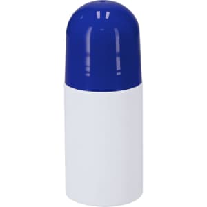 A cylindrical deodorant bottle with a blue top and a white base, featuring a logo on the front.