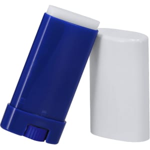 A blue sunscreen lotion stick with a white cap, featuring a logo on the packaging.
