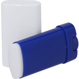 A blue and white sunscreen lotion container with a twist cap and a rounded top, featuring a logo.