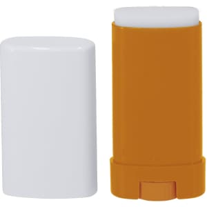 A toroidal sunscreen lotion stick in orange and white packaging, featuring a logo on the side.