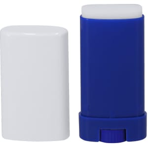 A sunscreen lotion container with a blue base and a white cap, featuring a logo.