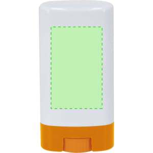 A white and orange tube of sunscreen lotion with a green label area. It features a smooth, rounded design.