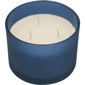 A blue aromatic candle with three wicks, encased in a glass container. Ideal for home décor.