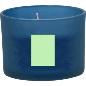 A blue aromatic candle in a glass holder, featuring a logo and a wick in the centre.