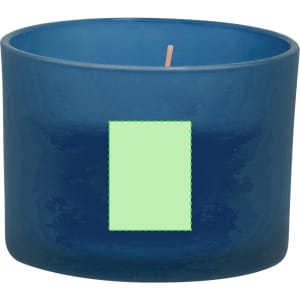 A blue aromatic candle in a frosted glass container with a wick visible inside. The container features an unlabelled logo.