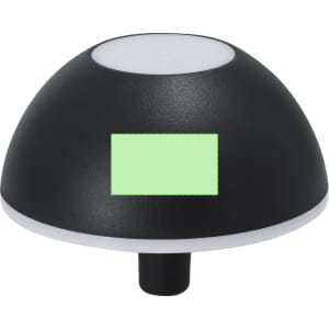 A black Kalvan Lamp with a rounded shape and a lit green panel on the front.