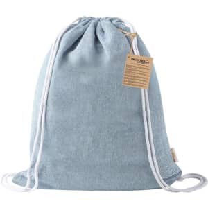 A light blue drawstring bag with white cords and a tag attached. Features a simple, casual design.