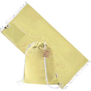 A yellow drawstring bag with a textured design and a small pocket, accompanied by a matching pareo.
