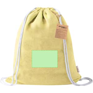 A yellow drawstring bag with white cords and a blank green patch, featuring a tag with branding.