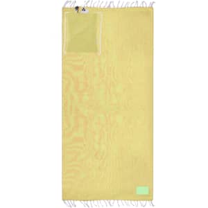 A yellow drawstring bag pareo featuring a textured design and a small pocket at one end. It has a logo.