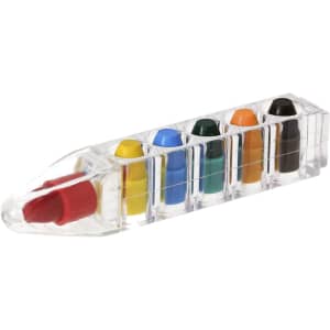 A clear case with six crayon-like writing utensils in red, yellow, blue, green, orange, and brown.