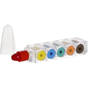 A crayon set featuring six vibrant colours, housed in a clear casing with a red crayon tip and a protective cap.