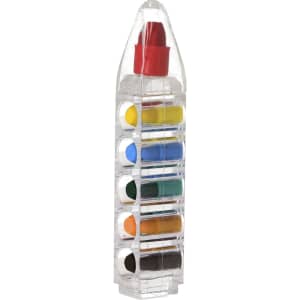 A crayon set in a clear container featuring eight vibrant crayons in various colours including red, yellow, blue, and green.