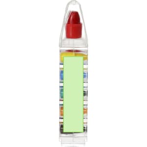 A crayon set with a clear container, featuring a variety of vibrant colours and a red cap.
