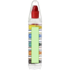 A crayon set featuring multiple colours, housed in a clear container with a red cap and branding.
