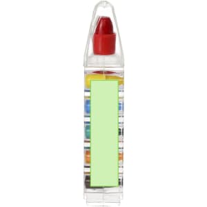 A crayon set in a clear container with multiple colours, featuring a red lid and a blank label area.