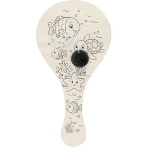 A paddleball with a white background featuring outlines of fish, a turtle, and underwater scenery. It has a black rubber ball attached.