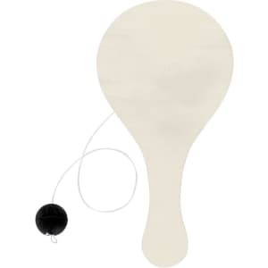 A novelty paddle with a black ball attached by a white string, featuring a smooth white surface.