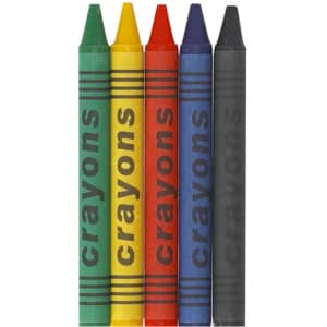 A set of five crayons in green, yellow, red, blue, and black with labels indicating "crayons."
