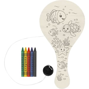 A paddle-shaped colouring board with sea life designs and a set of six crayons in various colours.