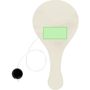 A beige paddle with a black ball attached by a string is displayed. It features a blank rectangular area.
