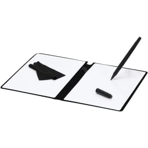 A whiteboard notepad in black with a pen and cleaning cloth included, featuring a sleek design.