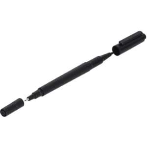 A black dual-tip pen with a removable cap, featuring a fine point and a broad tip.